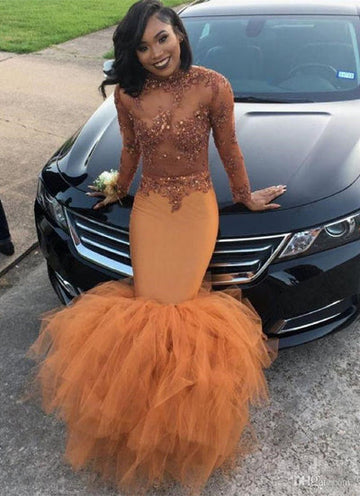 MODEST LACE APPLIQUES MERMAID LONG SLEEVES PROM DRESS HZ1023